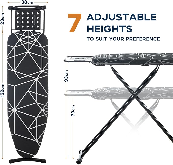 Ironing Board 43x13, Compact Iron Board Full Size with Heavy Duty Iron Rest, Thick Padded Cover, Adjustable Height, Sturdy Lightweight Steel Legs, Black-Ruum Studio Home