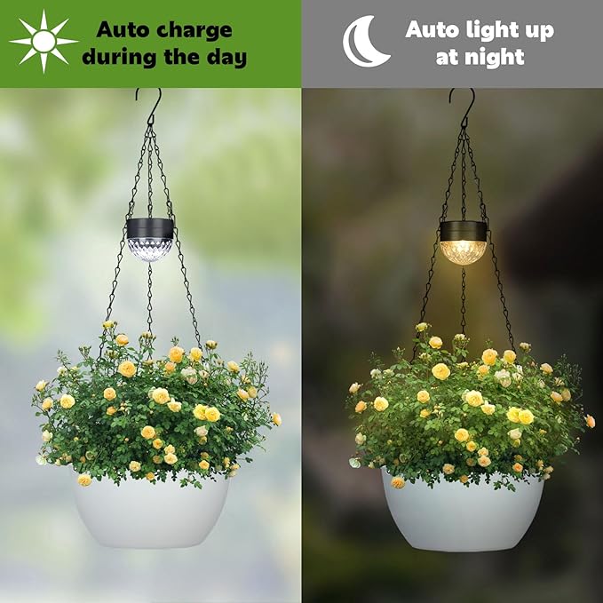 2 Packs Solar Hanging Basket Planters for Plants Outdoor, Self Watering White Flower Plants Pots with Solar Light Drainer for Balcony Patio Garden Outdoor Decoration-Ruum Studio Home