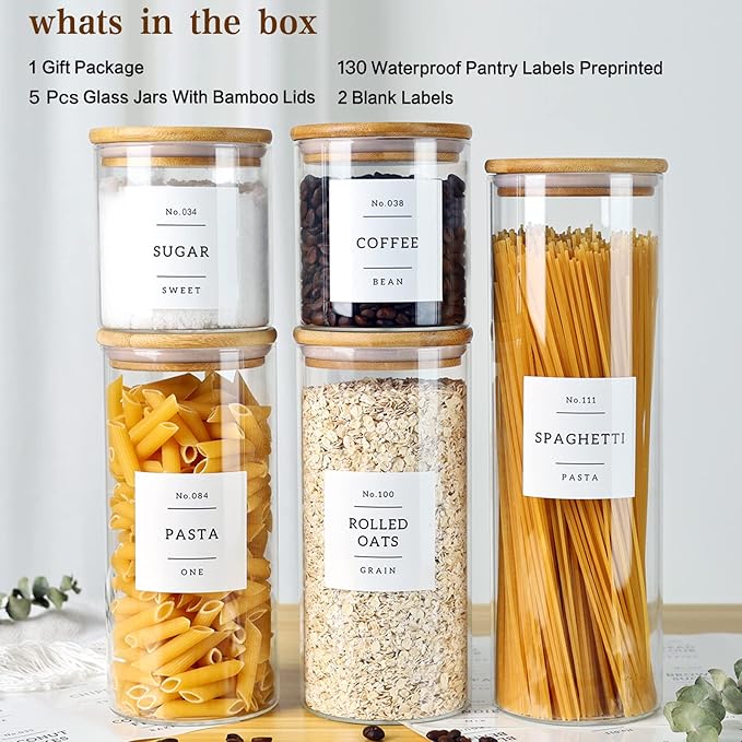 5 Pack Glass Jars with Bamboo Airtight Lids - Stackable Food Storage Containers with 132 Pantry Labels - with Wood Lid for Candy, Cookie, Rice, Sugar, Flour, Pasta, Nuts-Ruum Studio Home