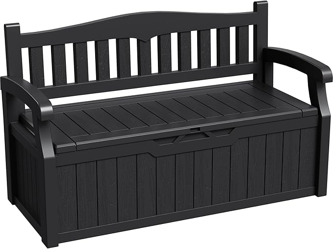 Greesum 80 Gallon Storage Bench Outdoor Deck Box with Armrest, Patio Furniture,Lockable, Waterproof and UV Resistant, Suitable for Garden, Pool, Black-Ruum Studio Home