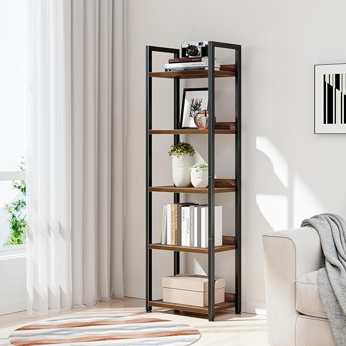 NUMENN Narrow Bookshelf, 5 Tier Bookshelves, Home Office Bookcase Shelf Storage Organizer, Free Standing Storage Shelving Unit for Bedroom, Living Room and Home Office, Vintage-Ruum Studio Home