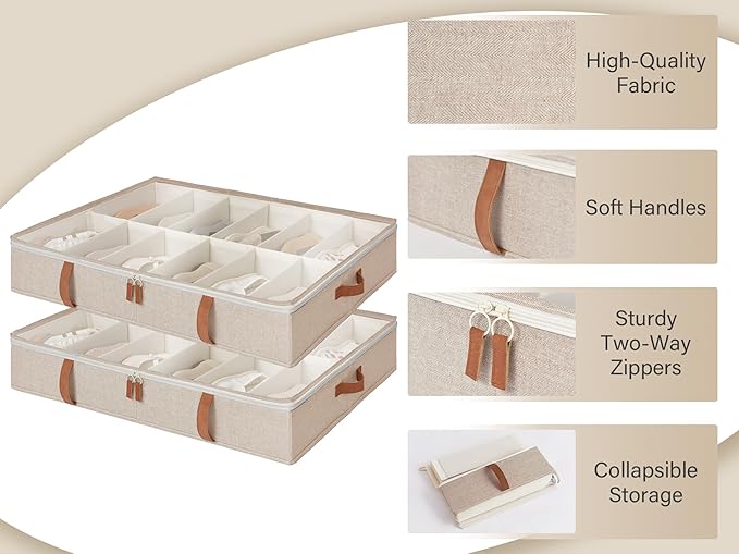 StorageWorks Under Bed Shoe Storage Organizer, Underbed Shoes Container with Adjustable Dividers, Shoe Storage Basket with Cover, Brown, 2-Pack, Space-Saving Shoe Box Fits up to 24 Pairs-Ruum Studio Home
