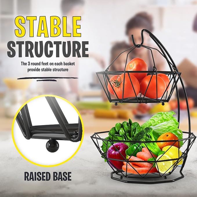 Fruit Basket with Banana Hanger and Fruit Bowl. Kitchen Counter Fruit Bowl with Banana Holder used as Bread, Vegetable or Produce Basket, Egg Holder, 2 Tier-Ruum Studio Home
