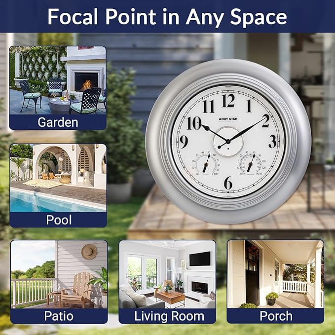 Andy Star 21 Inch Silver Illuminated Outdoor Wall Clock Waterproof with Thermometer and Hygrometer, Oversized Battery Operated Round Wall Clock, Big Silent Non Ticking Clock for Patio Pool Garden-Ruum Studio Home