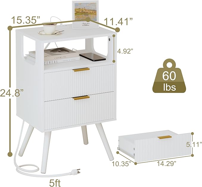 White Nightstand with Charging Station and LED Lights,Modern Bedside Table with 2 Storage Drawer and Open Wood Shelf, for Bedroom and Small Spaces,Night Stand with Solid Wood Legs,White-Ruum Studio Home