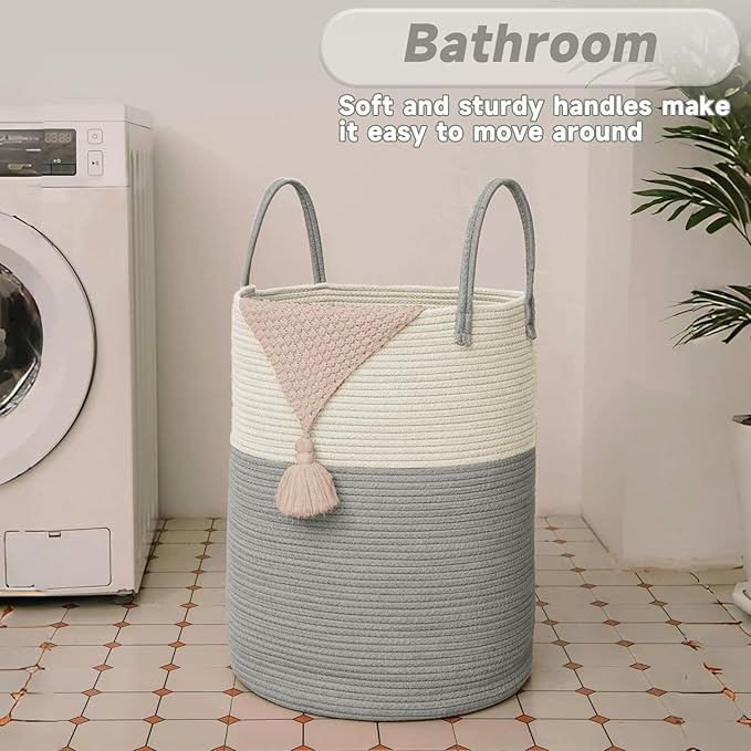 Large Woven Laundry Basket Hamper,80L Cotton Rope Storage Bin for Blankets,Toys and Clothes,Decorative Tall Nursery Hamper for Living Room,Baby Nursery,Bathroom and Bedroom,White and Grey-Ruum Studio Home
