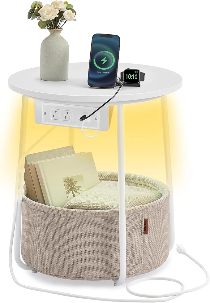 VASAGLE Side Table with Charging Station, Round End Table with Fabric Basket, LED Nightstand with Power Outlets, USB Ports, for Living Room, Bedroom, Modern, Matte White and Camel Brown ULET227W01-Ruum Studio Home