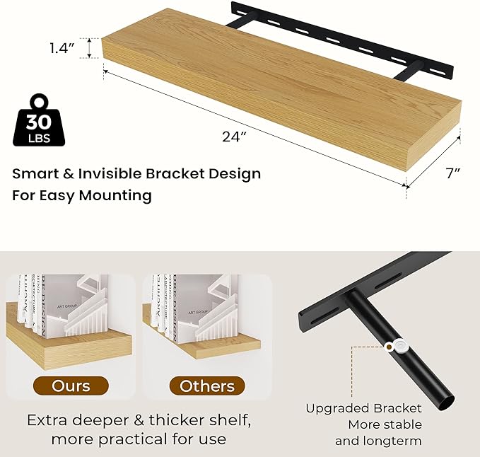 24 inch Floating Shelves Long Floating Shelves for Wall Large Wall Mounted Shelves with Invisible Brackets, Oak Shelves for Bathroom, Living Room, Kitchen, Office, 24x6.7 inch deep Set of 2-Ruum Studio Home