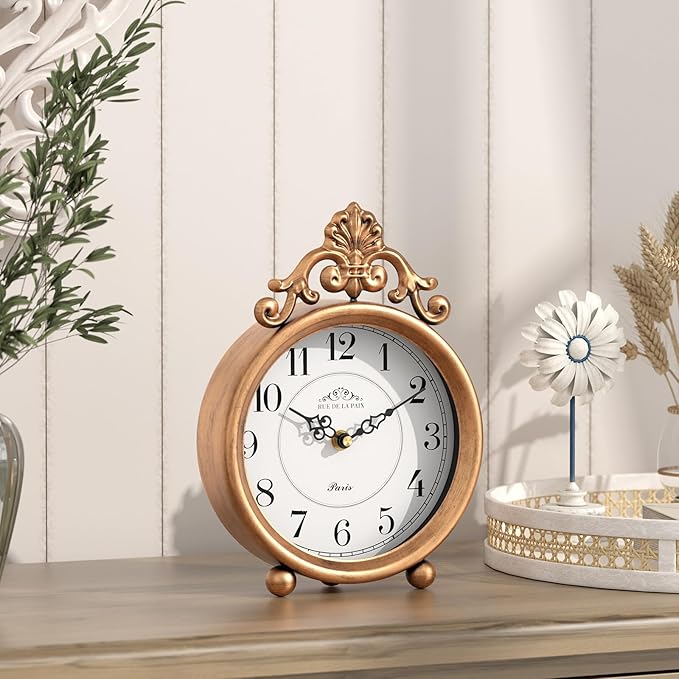 Vintage Gold Table Clock, Desk and Shelf Mantel Clock, French Rustic Antique Style Decor Clocks, for Farmhouse, Bedroom, Living Room, Bedside, Gift (9" H x 6.3" W)-Ruum Studio Home
