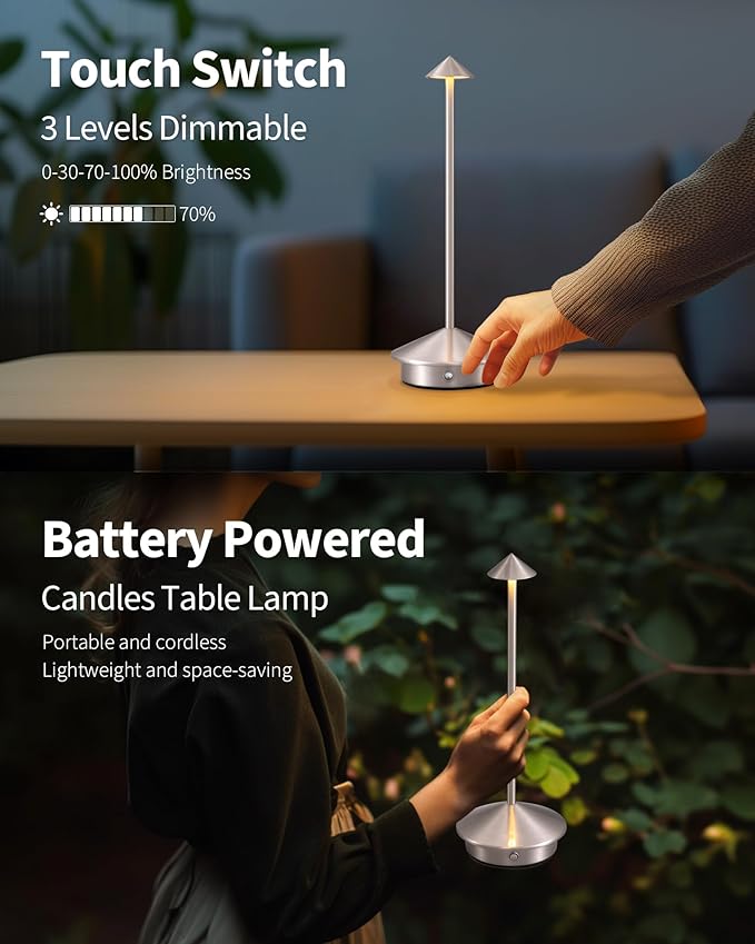 Modern Cordless Table Lamp Set of 2, Portable LED Desk Lamps, 5000mAh Rechargeable Battery Operated Lighting for Bedroom Dining Room Restaurant Coffee Shop Camping Night Light (Brushed Nickel)-Ruum Studio Home