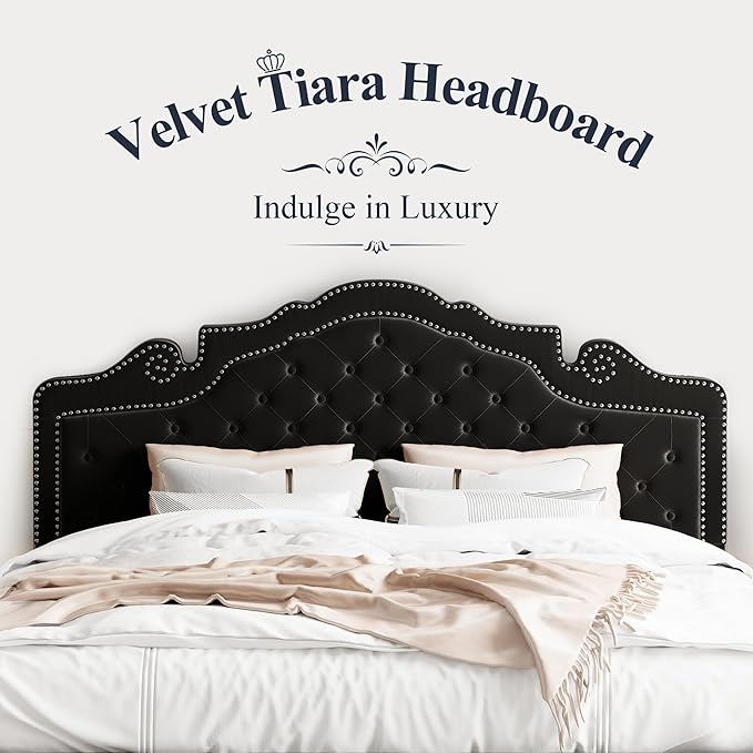 Allewie King Bed Frame with Adjustable Velvet Tiara Headboard, Upholstered Diamond Button Tufted Platform Bed, Wood Slats Support, No Box Spring Needed, Mattress Foundation, Easy Assembly, Black-Ruum Studio Home