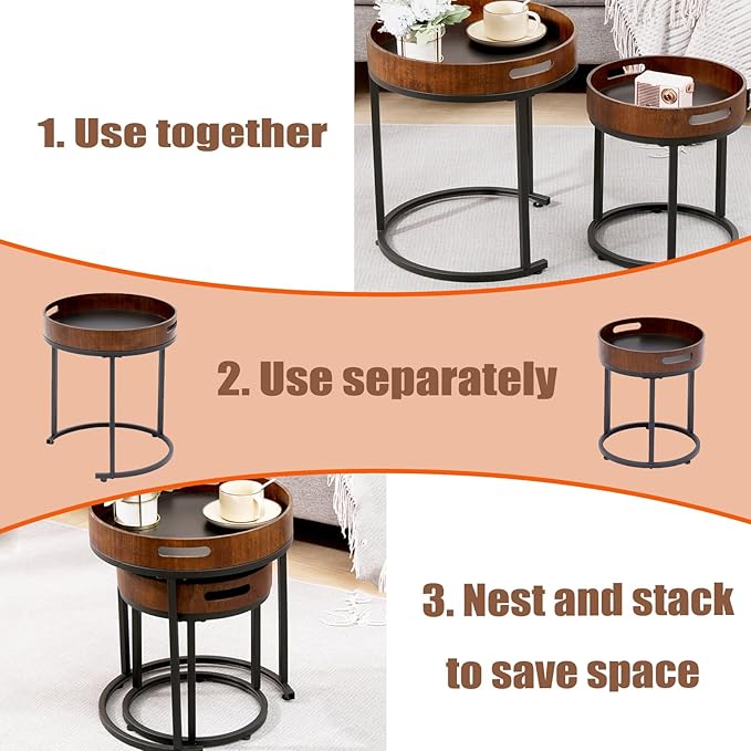 Nesting Coffee Table Set of 2, Small Round Stacking Side Table Set with Metal Frame, Nesting Tables for Living Room Bedroom Office Balcony (Wood, 2)-Ruum Studio Home