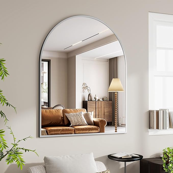 BEAUTYPEAK 36"x48" Arch Bathroom Mirror, Wall Mounted Vanity Metal Frame Mirror for Bedroom, Entryway, Living Room, Silver-Ruum Studio Home