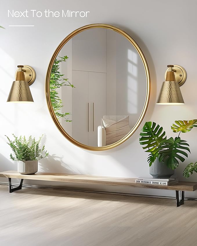 FEMILA 1-Light Vintage Wall Sconces, Antique Brass Industrial Sconces Wall Lighting, Single Bathroom Vanity Light Fixtures Wall Mount Lamp, Hammered Metal Shade,4FG59B BG-Ruum Studio Home