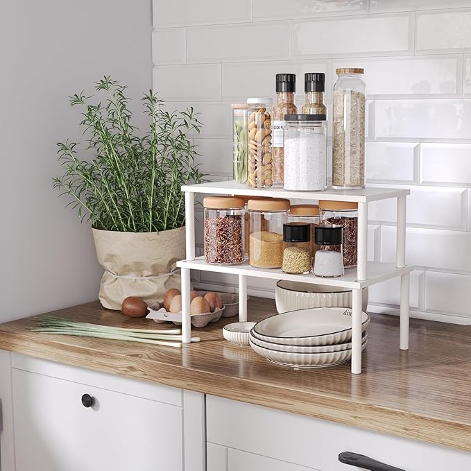 Cabinet Organizer Shelf(Set of 2),Kitchen Counter Shelves,Bamboo Spice Rack Countertop and Cabinet,Stackable Expandable,Large(White)-Ruum Studio Home