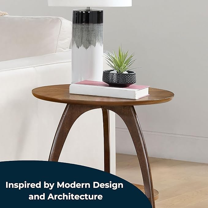 Martin Svensson Home LAX Two-Tone 20-Inch Caramel Brown Round Wood End Side Table with Walnut Legs and Shelf Storage-Ruum Studio Home