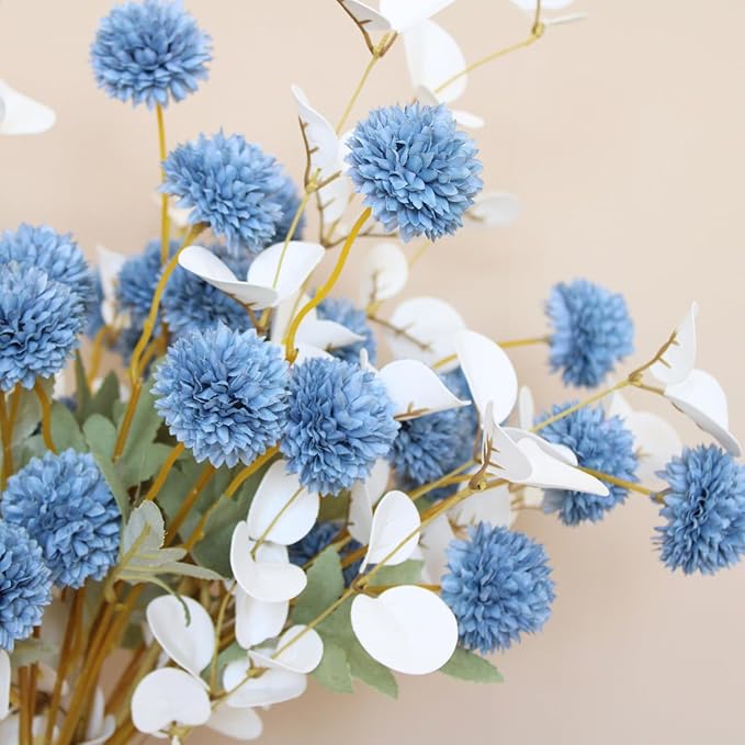 Faux Dusty Blue Flowers, Blue and White Floral Stems for Centerpieces, Fake Mums Artificial Flowers, Flores Azules Artificiales para Decoracion, Long Stems for Vases, DIY Silk Floral Arrangements-Ruum Studio Home