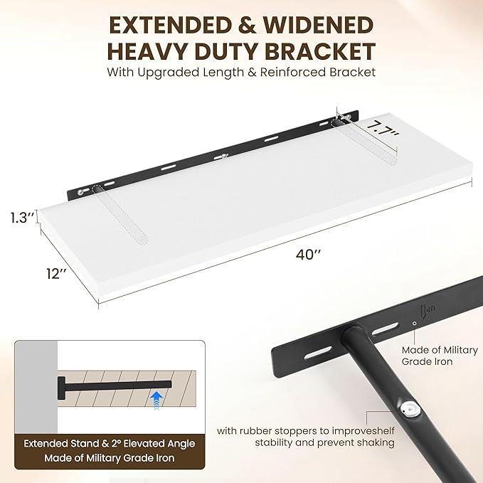 40" Floating Shelves for Wall, 12" Deep Slim White Floating Shelves, Wall-Mounted Shelves for Bedroom, Living Room, Kitchen, Bathroom - Set of 2-Ruum Studio Home