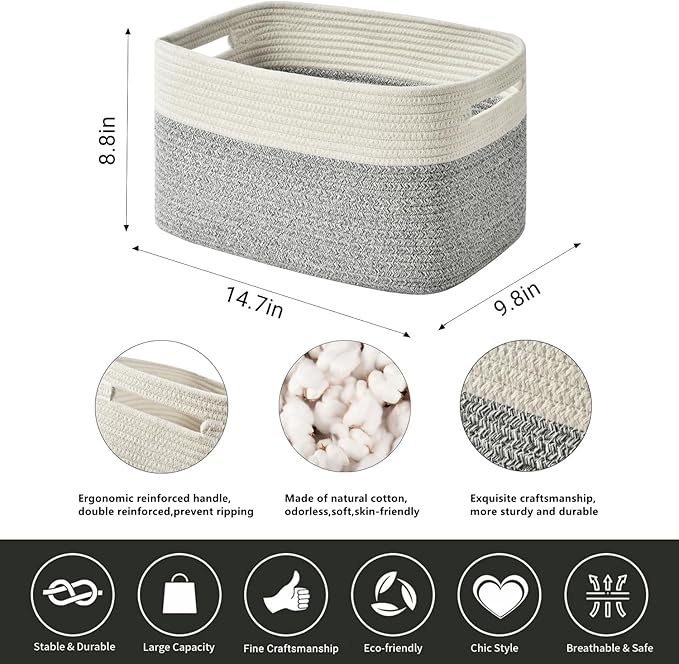 Woven Storage Baskets - Cotton Rope Organizers for Books, Towels, Toys or Bins - 3 Pack, Grey-Ruum Studio Home
