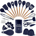 Country Kitchen Non Stick Silicone Utensil Set with Rounded Wood Handles for Cooking and Baking, 38 Piece Set, Navy-Ruum Studio Home
