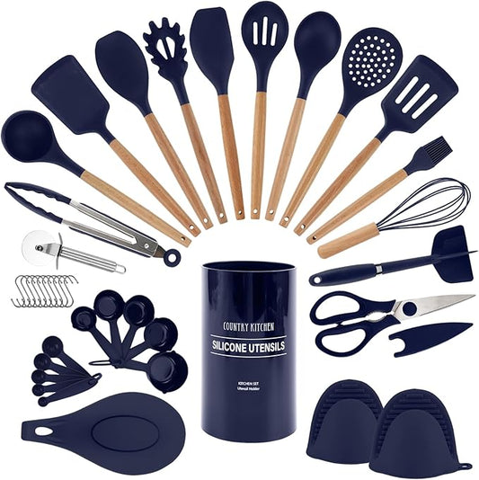 Country Kitchen Non Stick Silicone Utensil Set with Rounded Wood Handles for Cooking and Baking, 38 Piece Set, Navy-Ruum Studio Home