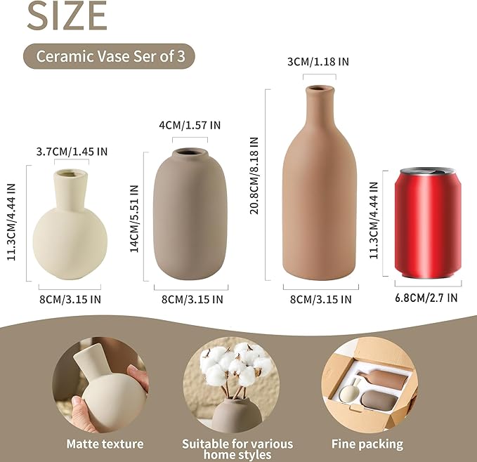 Ceramic Vases Set of 3, Modern Neutral Rustic Farmhouse Home Decor Pottery Pampas Decoration for Living Room, Table, Bathroom, Bedroom, Entryway - Brown-Ruum Studio Home
