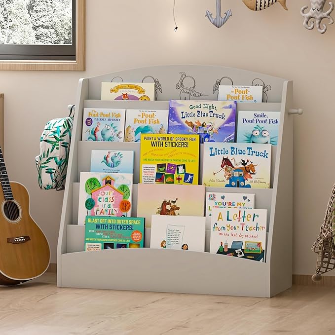 5-Tier Kids Bookshelf Montessori Toddler Book Rack Baby Bookcase Floor Front Facing Magazine Display Shelf for Bedroom Playroom Nursery Classroom Kindergarten Wood (Gray)-Ruum Studio Home