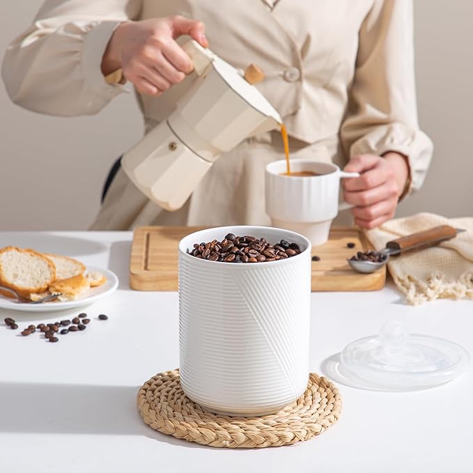 Food Storage Containers with Airtight Lids: Ceramic Canister Sets for Kitchen Countertop - Porcelain Jar for Coffee Tea Flour Sugar Rice Cookies Candy - White (42 oz)-Ruum Studio Home