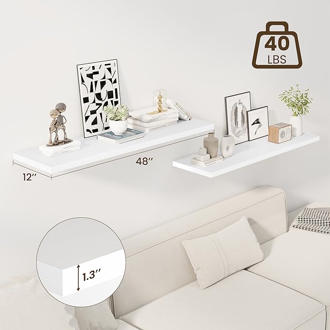 48" Floating Shelves for Wall, 12" Deep Slim White Floating Shelves, Wall-Mounted Shelves for Bedroom, Living Room, Kitchen, Bathroom - Set of 2-Ruum Studio Home