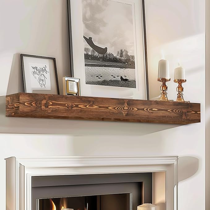 48x8x5 Fireplace Mantel - Handcrafted Hollow Rustic Solid Wood Wall Mounted Floating Shelf with Invisible Heavy Duty Wood Bracket (Weathered Brown)-Ruum Studio Home