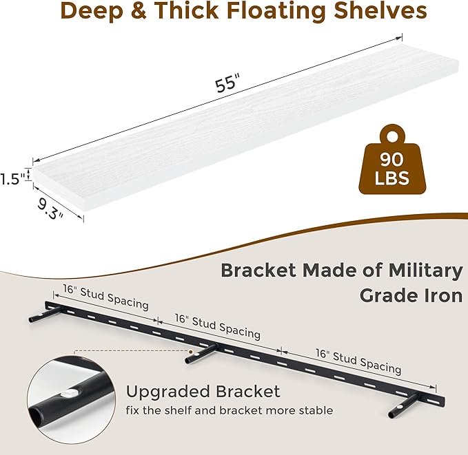 55 Inch Floating Shelves White, Rustic Wood Floating Shelf Wall Mounted, 9 Inch Deep Floating Shelf for Kitchen, Bedroom, 55 x 9 Wall Shelves for Home Storage, Set of 1-Ruum Studio Home