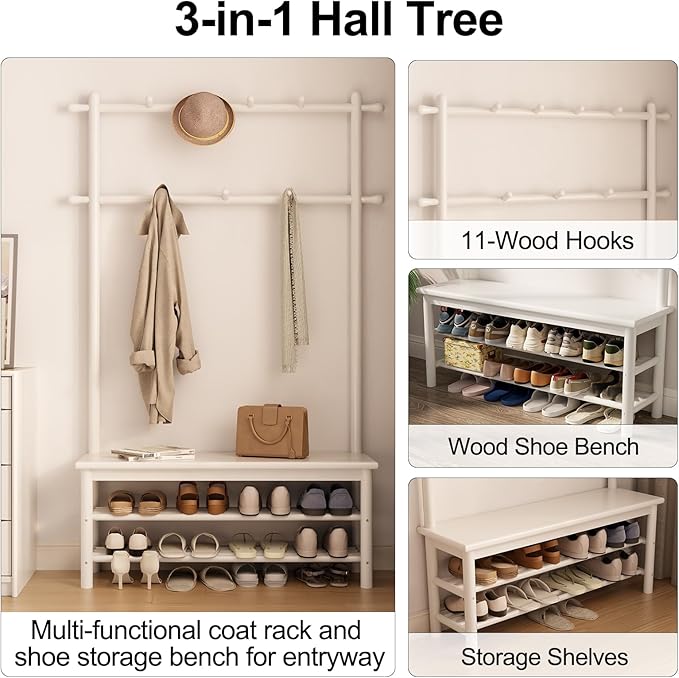 Coat Rack with Shoe Storage, Wooden Hall Tree with Bench, 11 Hooks and 2-Tier Storage Shelves, 3-in-1, Entryway Bench with Coat Rack (39.3"-Deep White)-Ruum Studio Home