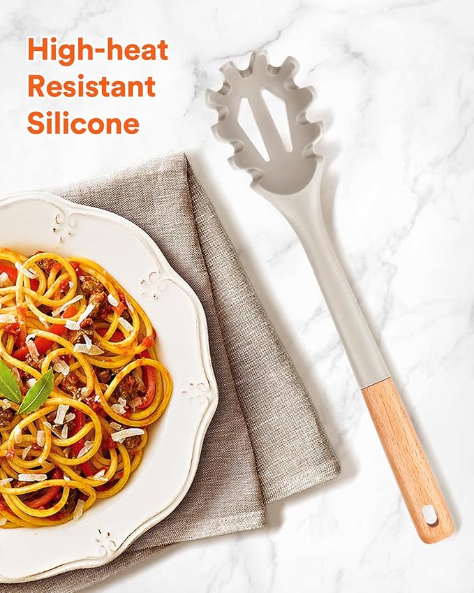 Silicone Pasta Fork, Kitchen Heat Resistant Noodle Spoon Server, BPA Free Spaghetti Strainer,12.8 inch (Khaki)-Ruum Studio Home