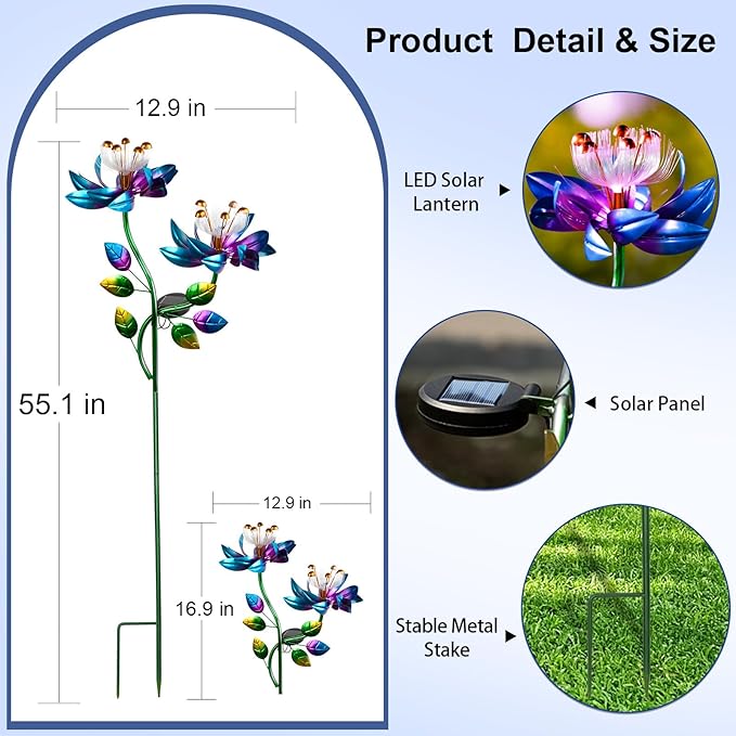 Solar Wind Spinners Blue Twin Flowers for Yard and Garden, Solar Windmill Garden Whirligig Kinetic Spinners Decor for Lawn, Patio, Yard, Metal Wind Outdoor Sculpture-Ruum Studio Home