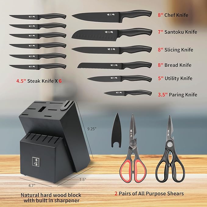 ZHANG XIAO QUAN SINCE 1628 15Pcs Knife Sets with Block, knife sets for kitchen with block High Carbon Stainless Steel Built-in Sharpener Dishwasher Safe(Black)-Ruum Studio Home