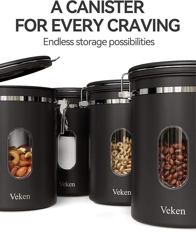 Veken Large Coffee Canister with Window, Rice Kitchen Food Storage Airtight Stainless Steel Container with Lids, Date Tracker and Scoop, Grounds, Beans, Tea, Flour, Cereal, Sugar Jars, 38oz, Black-Ruum Studio Home