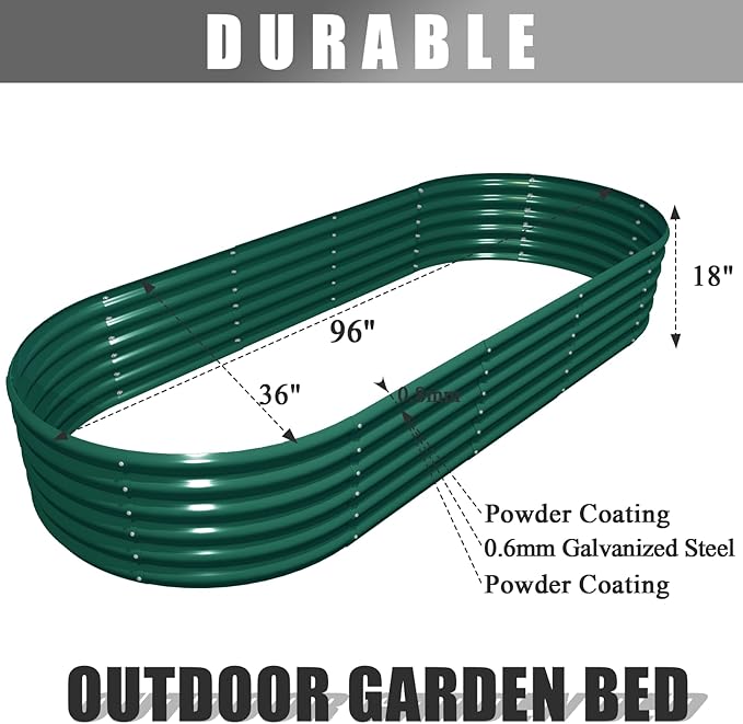 1 Pack 8x3x1.5FT Galvanized Raised Garden Bed Kit Oval Metal Ground Planter Box Outdoor Bottomless Planter Raised Beds for Vegetables Flowers Herbs Fruits, Green-Ruum Studio Home