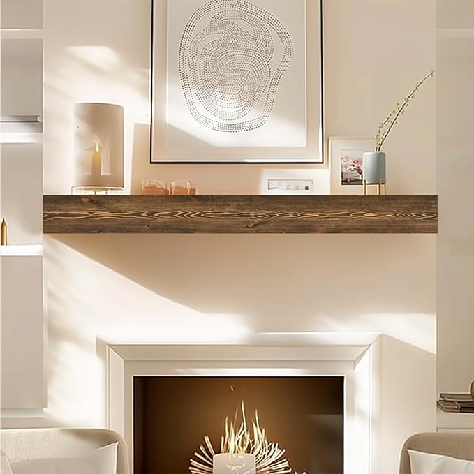 56x8x3 Fireplace Mantel - Handcrafted Hollow Rustic Solid Wood Wall Mounted Floating Shelf with Invisible Heavy Duty Wood Bracket (Weathered Brown)-Ruum Studio Home