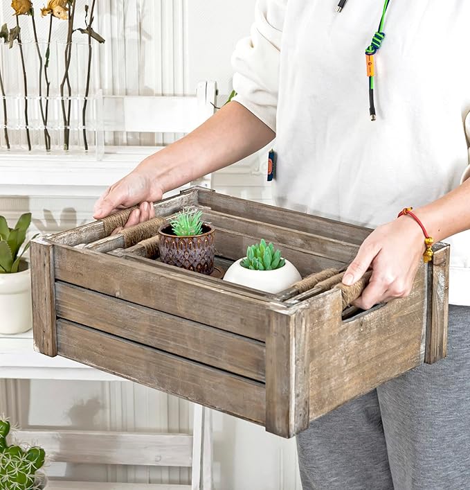 TIMRIS Set of 3 Rustic Wood Nesting Crates, Farmhouse Wooden Storage Container Boxes with Cutout Handles, Decorative Wooden Baskets for Display (Rustic Gray)-Ruum Studio Home