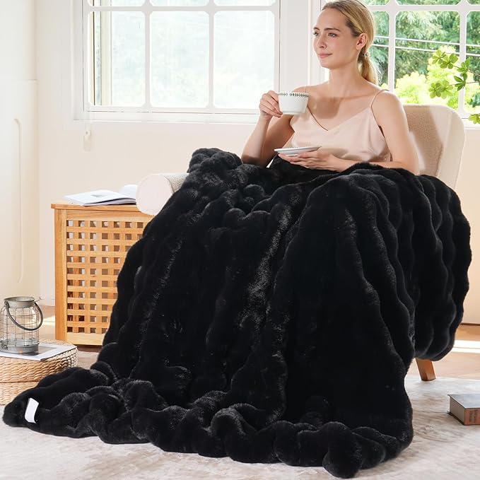 BENVWE Faux Fur Throw Blanket for Couch Bed - Fluffy Soft Thick Bubble Blanket for Living Room Home Decor - Fathers Day Birthday Gifts for Women Men, Black, 60" x 80"-Ruum Studio Home
