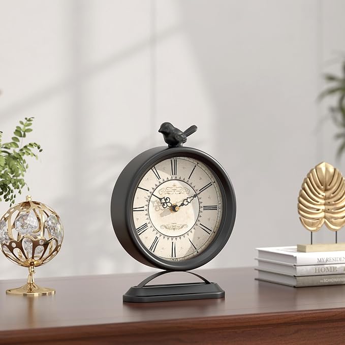 Vintage Table Clock with Bird, European Antique Style Black Mantel Clocks, Desk and Shelf Decor Clock, for Farmhouse, Bedside, Living Room, Bedroom, Gift (9" H x 6.5" W)-Ruum Studio Home