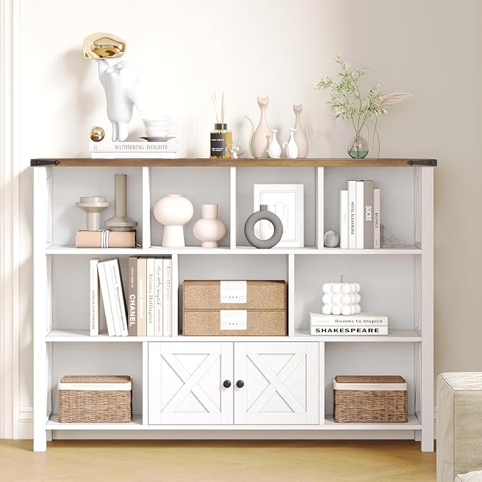 11 Cube Storage Organizer Bookshelf, Wooden Open Cube Shelf Bookcase, Farmhouse Display Book Shelf, 3 Tier Cube Bookshelves with Storage, Rustic White-Ruum Studio Home