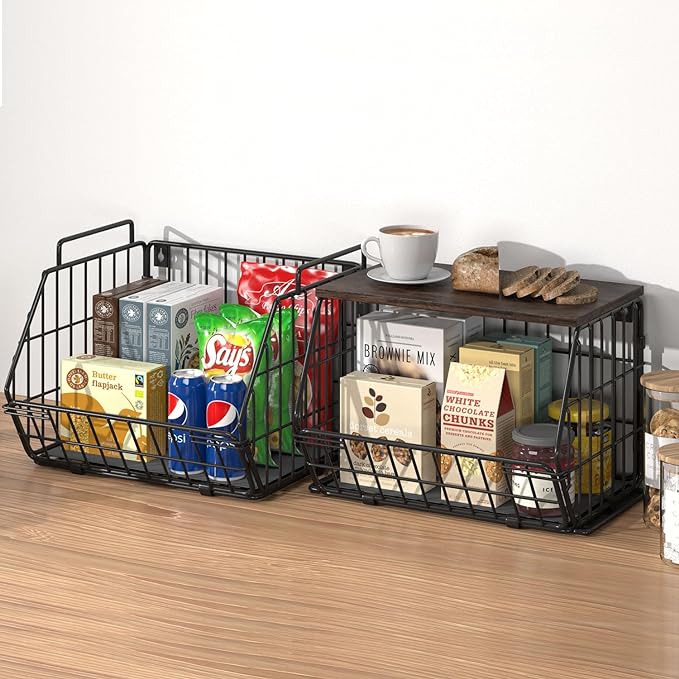 Wetheny 2 Tier Stackable Wall Mounted Wire Basket Fruit Basket with Wood Lid - Kitchen Pantry Organization and Storage, Hanging Storage Basket for fruits, Onion, Potato, Produce, Vegetable (Black)-Ruum Studio Home