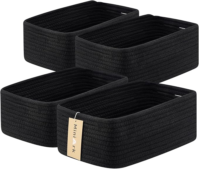 Small Storage Baskets for Organizing | Closet Organizer Bins | Shelf Toy Basket | Woven Rope Baskets | Cube Decorative Box | Shallow Basket | 13x8.5x5.1” | 4 Packs Black-Ruum Studio Home