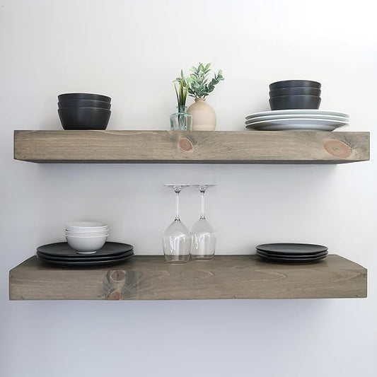 Modern Floating Shelves 3 Inches Thick for Wall, Wide Shelves for Kitchen, Living Room, Bedroom, and Bathroom, Natural Pine Wood, Rustic Wooden Shelf, (Set of 2) (Aged Barrel, 48Lx3Hx8D)