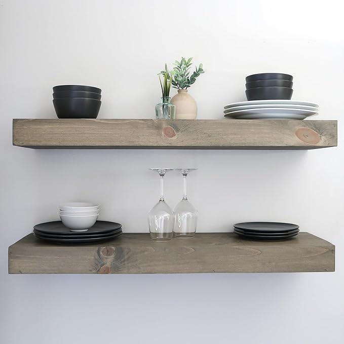 Modern Floating Shelves 3 Inches Thick for Wall, Wide Shelves for Kitchen, Living Room, Bedroom, and Bathroom, Natural Pine Wood, Rustic Wooden Shelf, (Set of 2) (Aged Barrel, 60Lx3Hx6D)-Ruum Studio Home