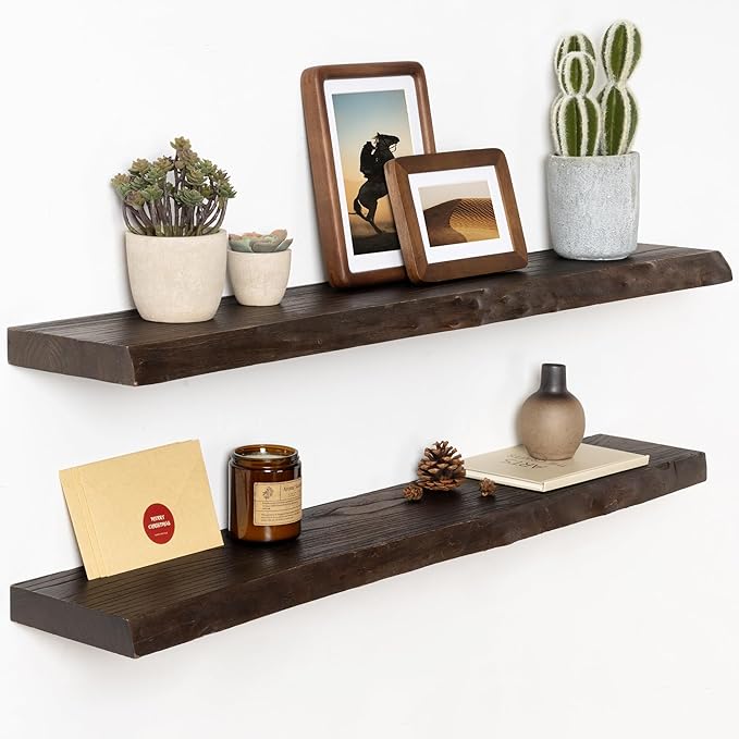 Solid Elm Wood Floating Shelves, 36 Inch Wood Floating Shelves for Wall, Live Edge Wooden Shelves Wall Mounted for Books, Bathroom, Kitchen, Walnut Color, Set of 2-Ruum Studio Home