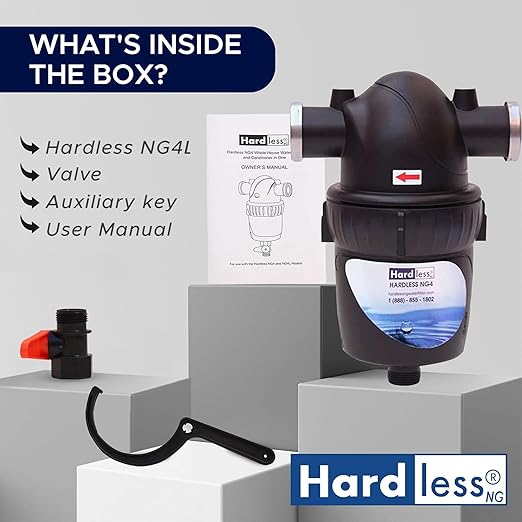 Hardless NG4 Whole House Water Filter - Salt-Free Softening Device - Reduces Limescale, Sediment & More - Compact, Easy to Install - Comes w/ 1" Inlet/Outlet- Filtration System for Extra Hard Water-Ruum Studio Home