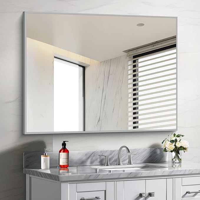 30x40In Silver Bathroom Mirror for Wall, Brushed Nickel Rectangle Mirrors with Metal Frame, Bathroom Rectangular Mirror Modern Wall Mirror for Bedroom Living Room, Hangs Horizontal or Vertical-Ruum Studio Home
