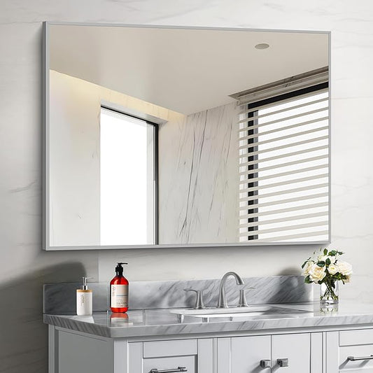 30x40In Silver Bathroom Mirror for Wall, Brushed Nickel Rectangle Mirrors with Metal Frame, Bathroom Rectangular Mirror Modern Wall Mirror for Bedroom Living Room, Hangs Horizontal or Vertical-Ruum Studio Home